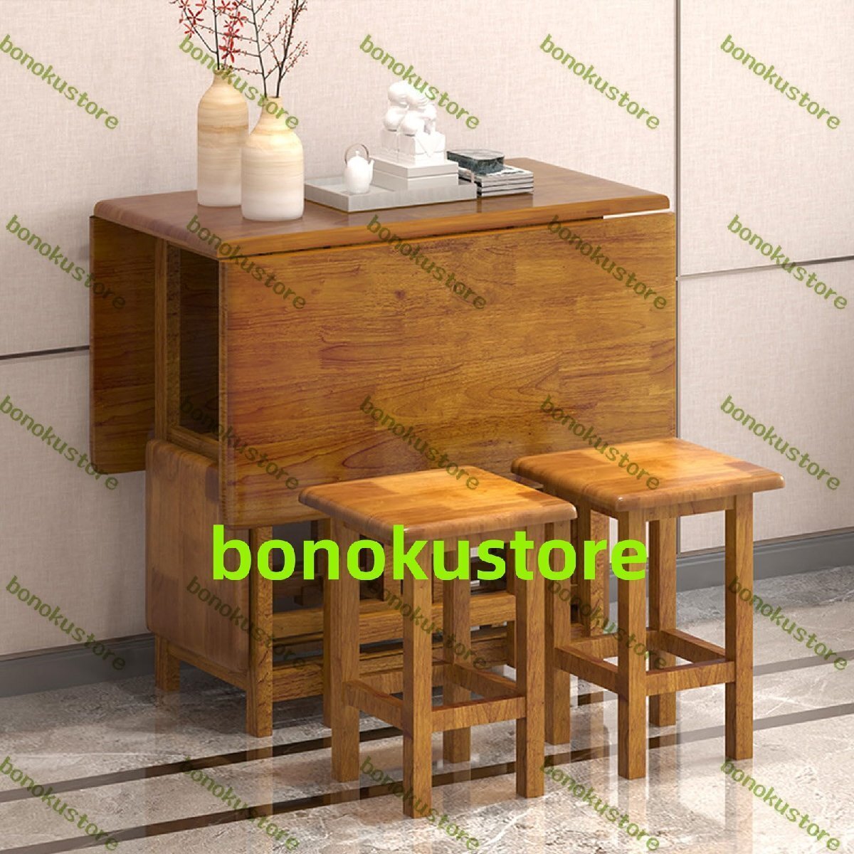 折りたたみ式ダイニングテーブルセット(スツール4脚付き) 幅47 x奥行き31 x高さ30インチ 伸長式無垢材ド キャスター付き拍卖