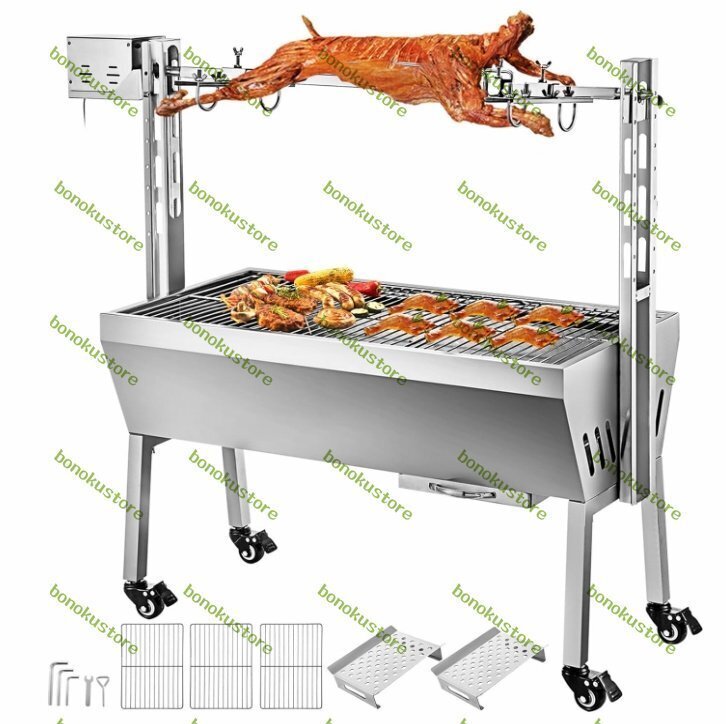 回転型 丸焼き機自動子豚バーベキューグリル ステンレス鋼炭ロースト子羊脚 屋外キャンプバーベキュー3つの高さ調節可能な長さ調理拍卖