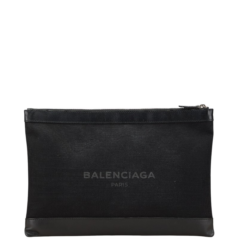 バレンシアガ ネイビー クリップ L クラッチバッグ 373840 ブラック キャンバス レザー レディース BALENCIAGA 【中古】拍卖
