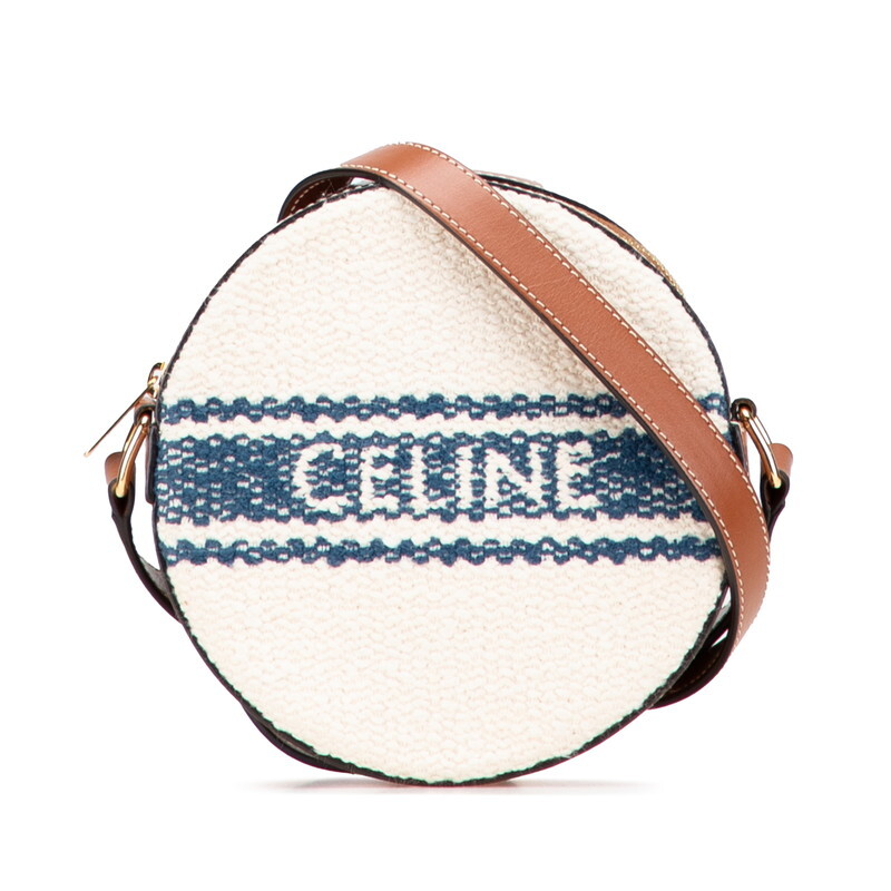 セリーヌ ラウンド 斜め掛け ショルダーバッグ ブラウン ベージュ ネイビー キャンバス レザー レディース CELINE 【中古】拍卖