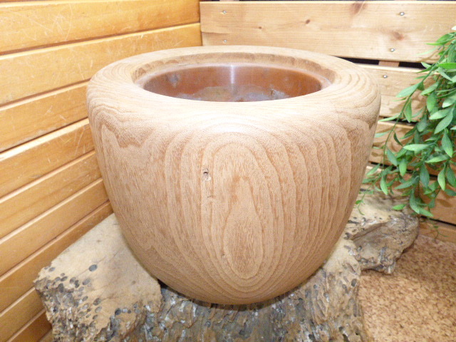 む208.桐丸火鉢 丸五 木製火鉢 桐材 丸胴火鉢 アンティーク くり抜き 銅製 手あぶり 暖房 拍卖