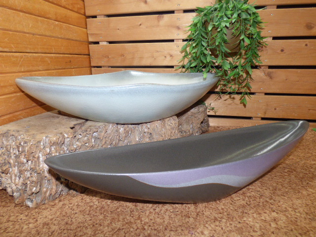 む211【2点セット】水盤 花器 生け花 玄関 床の間飾り 華道具 錦洋 変形 船型 華道鉢 拍卖