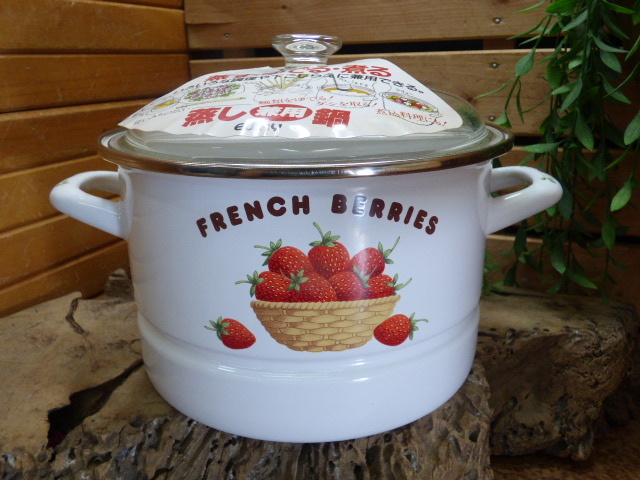 む221.EJIRY エジリ― 両手鍋 蒸し器兼用鍋 フレンチベリーズ 琺瑯 ホーロー 4L ガラス蓋 Φ20cm拍卖