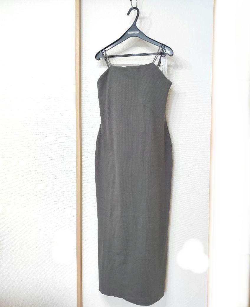 リブ素材 カットソーワンピース カーキ色 Lサイズ ロング丈拍卖