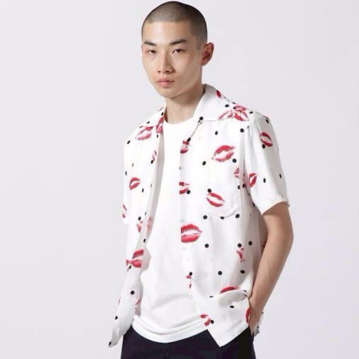 【474】 aloha blossom キス リップ マーク ドット レーヨン アロハ シャツ 40 L ホワイト アロハブロッサム shirt KISS white拍卖