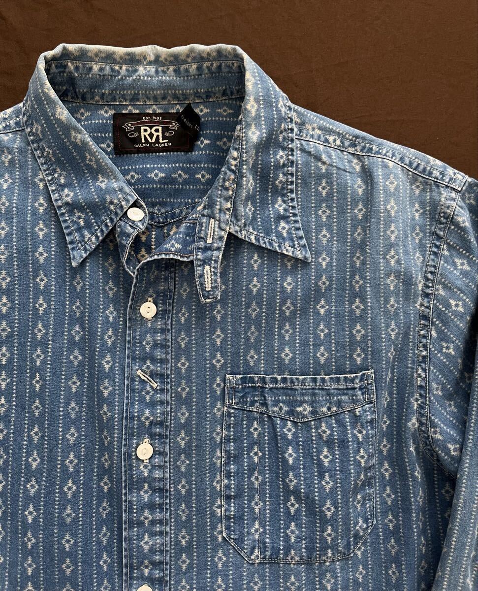 【傑作】RRL INDIGO CALICO WORK SHIRT ダブルアールエル インディゴ ウォバッシュ キャリコ ネイティブ 総柄 ストライプ シャツ M拍卖