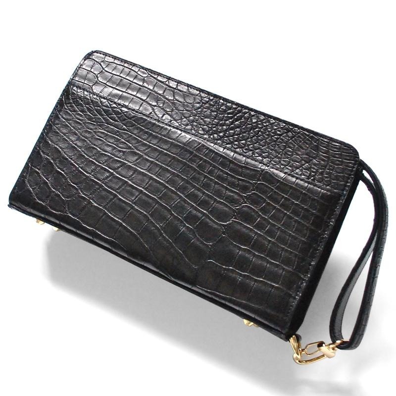 【 本クロコダイル革】セカンドバッグ黒マット 背面ラウンドポケット 鰐皮拍卖