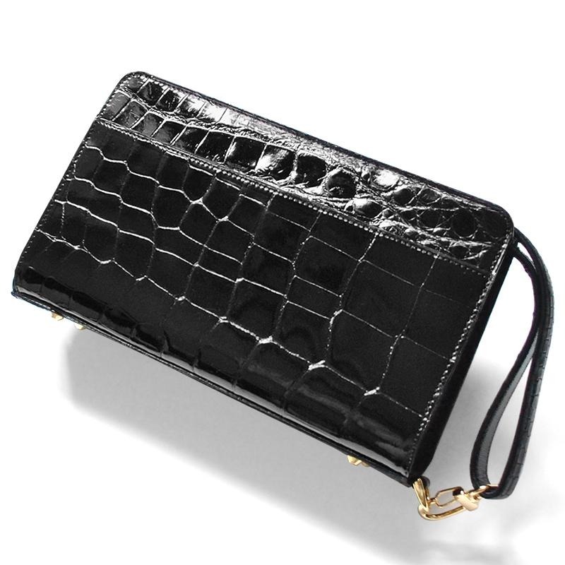 【 本クロコダイル革】セカンドバッグ黒シャイニング 背面ラウンドポケット 鰐皮拍卖