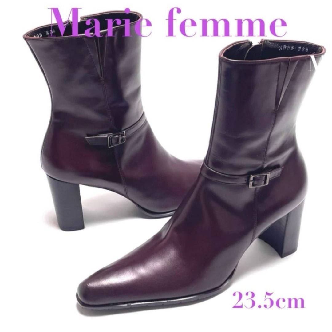 ほぼ未使用 Marie femme マリーファム ショートブーツ サイドゴア チャンキーヒール 23.5㎝ ベルト ブラウン レディース ロゴ ブランド拍卖