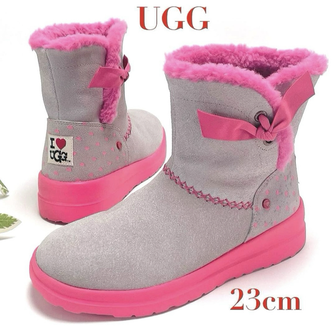 希少デザイン UGG アグ HEART KNOTTY ムートンブーツ ショートブーツ ピンク グレー 23cm キッズ 子ども ガール リボン 厚底拍卖