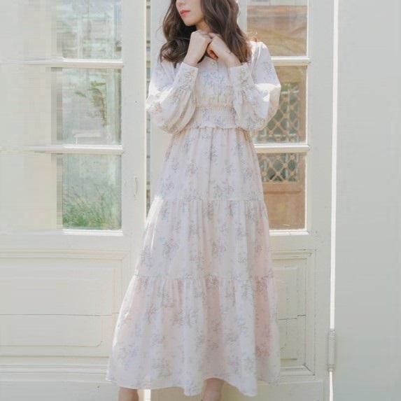 Areeam/アリーム/新品タグ付き/プリンセスレトロフラワーワンピース/ウエストマーク/ティアードワンピース/ピンク系/フリル/フリーサイズ拍卖