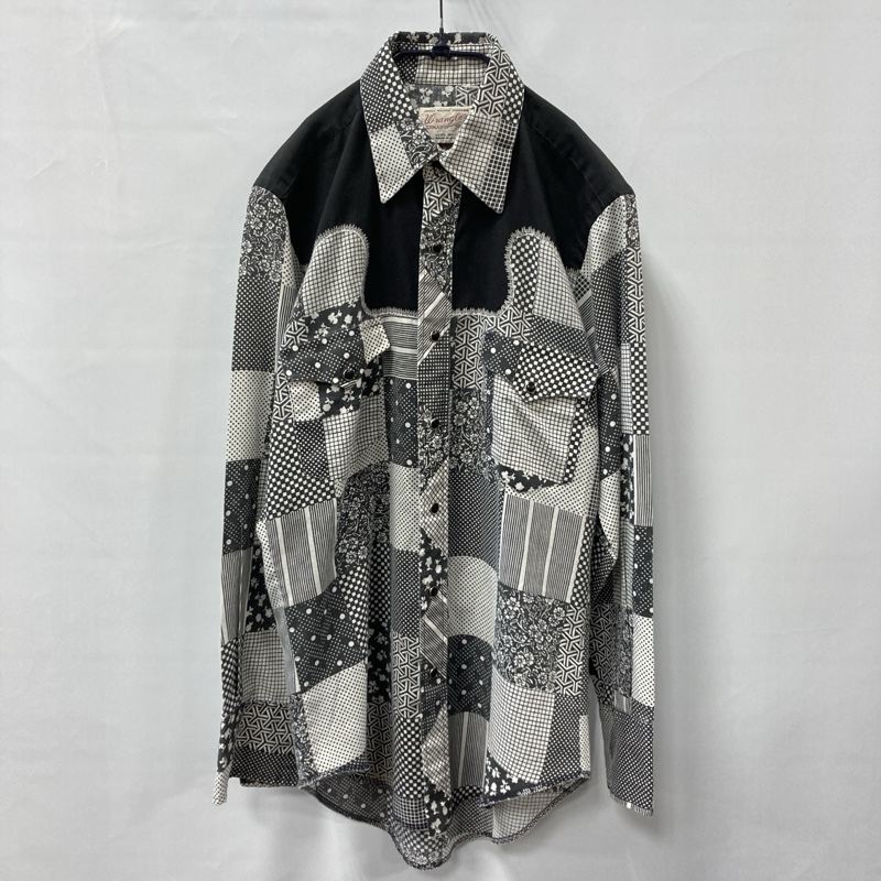 Wrangler/ラングラー/70s/USA製/パッチワーク調プリント/長袖ウエスタンシャツ/ヨーク切り替え/ビンテージ/スナップボタン/LOG TAILS拍卖