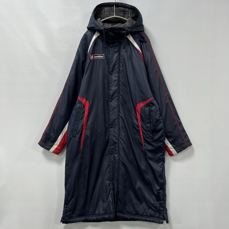 lotto/ロット/内ボア/フーデッドベンチコート/ネイビー/中綿/内ダイヤモンドキルト/サイドスリット/ロングコート/レッド×ホワイト拍卖