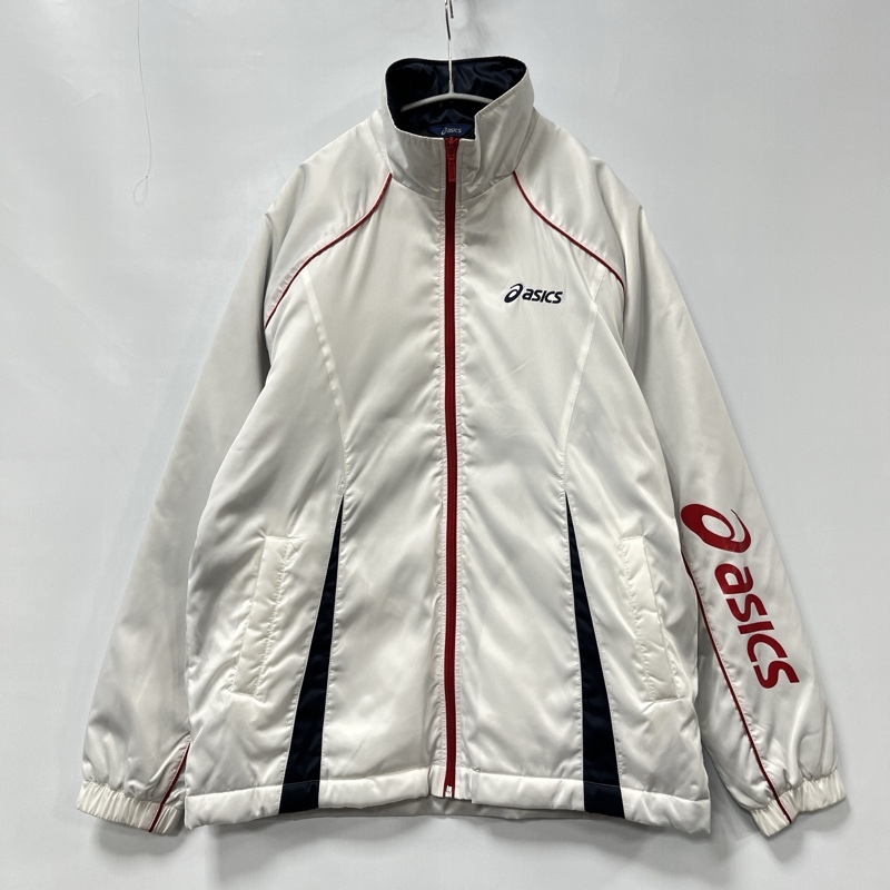 asics/アシックス/ジップアップウィンドブレーカー/袖ロゴプリント/ホワイト/スタンドネック/胸刺繍/背面リフレクターピスネーム拍卖