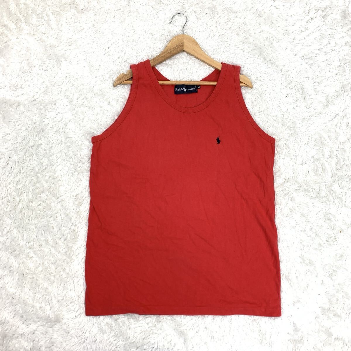 RALPH LAUREN ラルフローレン タンクトップ ノースリーブ 綿 コットン ワンポイント刺繍 赤 レッド L YA9927拍卖