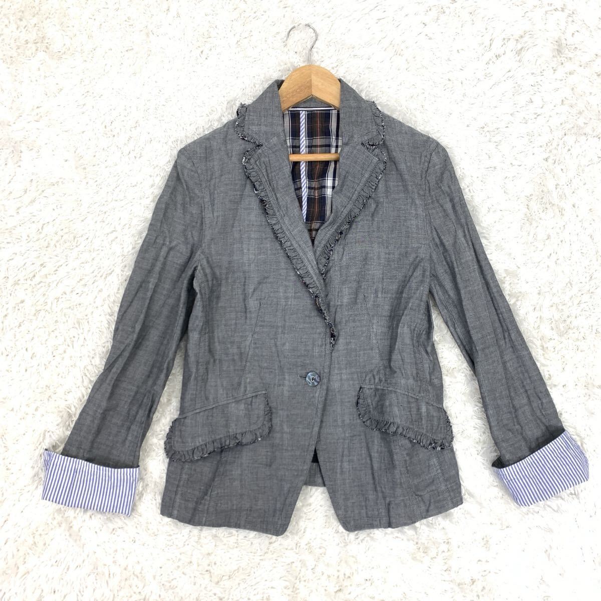 A.T ATSURO TAYAMA アツロウタヤマ テーラードジャケット 綿 コットン フリンジ風 グレー 38 YA9929拍卖