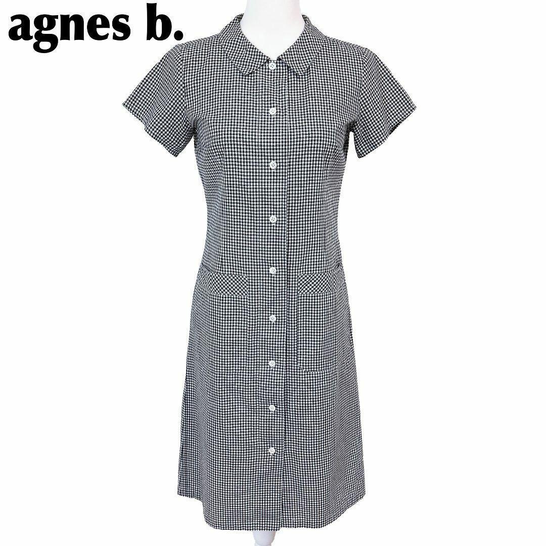 【美品】アニエスベー 半袖シャツワンピース 38 チェック 黒×白拍卖