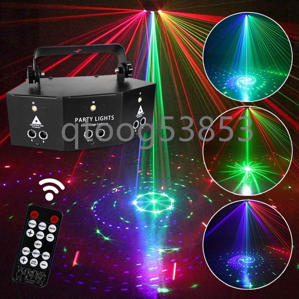ライトレーザープロジェクター DJ LEDライトプロジェクターランプ ステージストロボライト RGB64パターン リモートコントロールLED音声制御拍卖