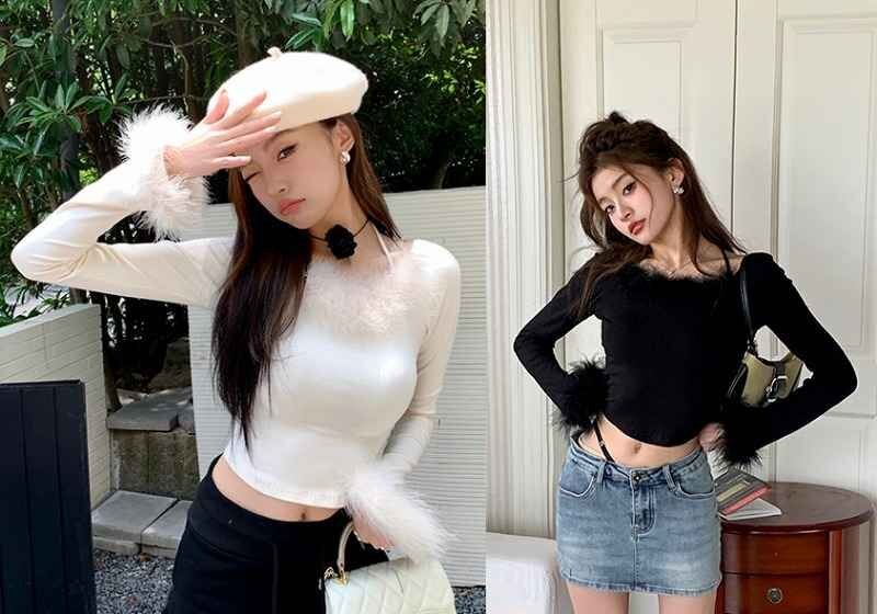 全2色 長袖トップス ショート丈 ファー付き シンプル M ブラック拍卖