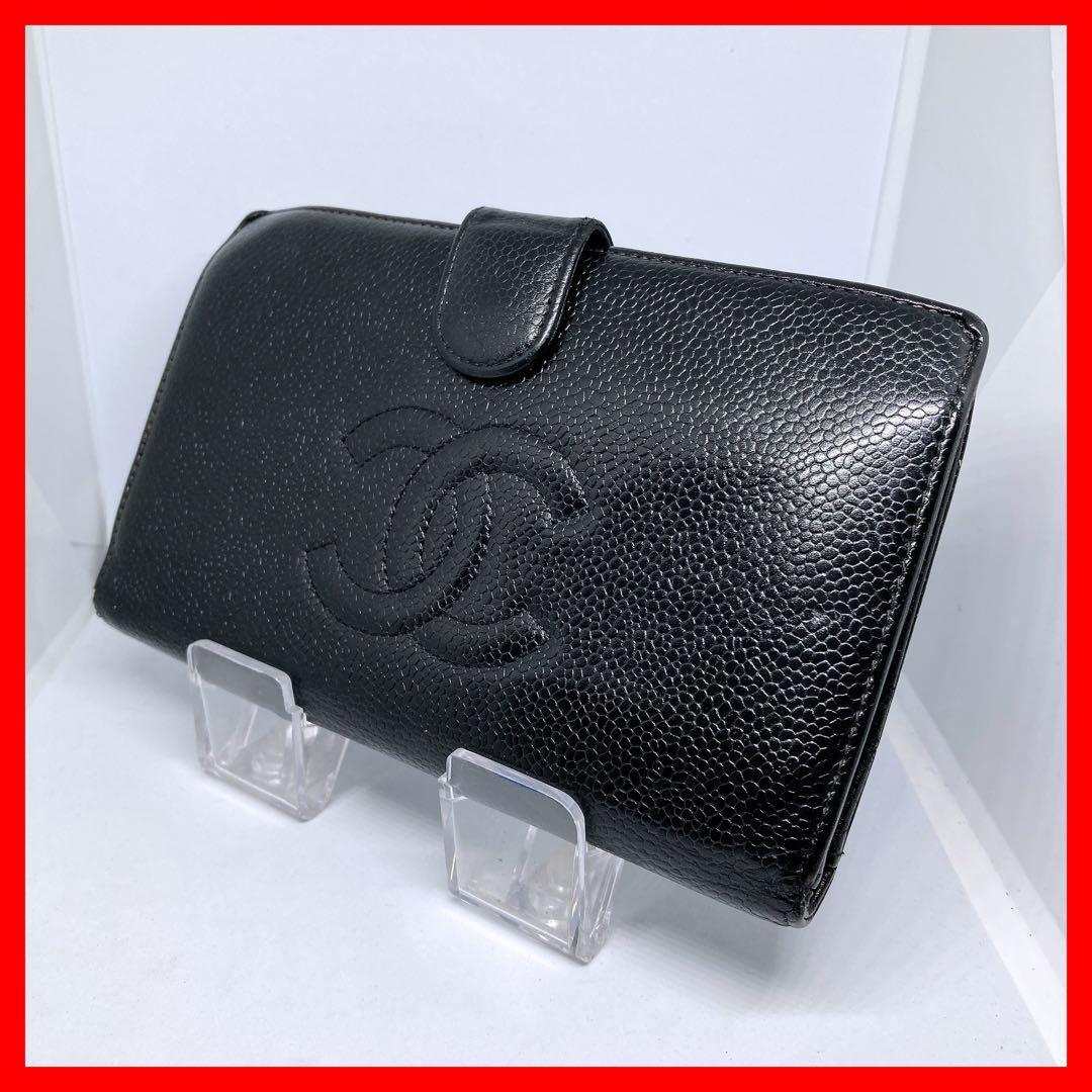 596 シャネル ココマーク キャビアスキン がま口 長財布 折り財布 黒拍卖