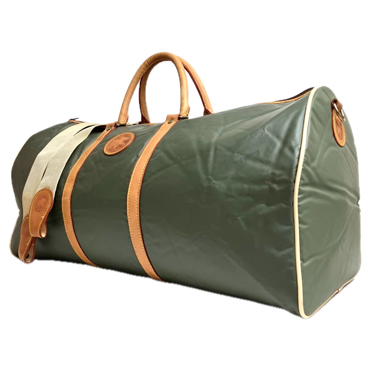 【美品 希少】 ハンティングワールド HUNTING WORLD ボストンバッグ ショルダー 2way バチュークロス レザー ロゴ 大容量 メンズ カーキ 緑拍卖