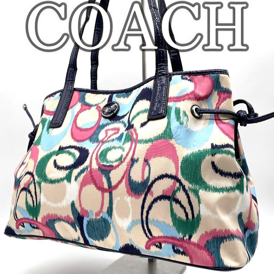 COACH コーチ エナメル キャンバス シグネチャー ブルー マルチカラー拍卖