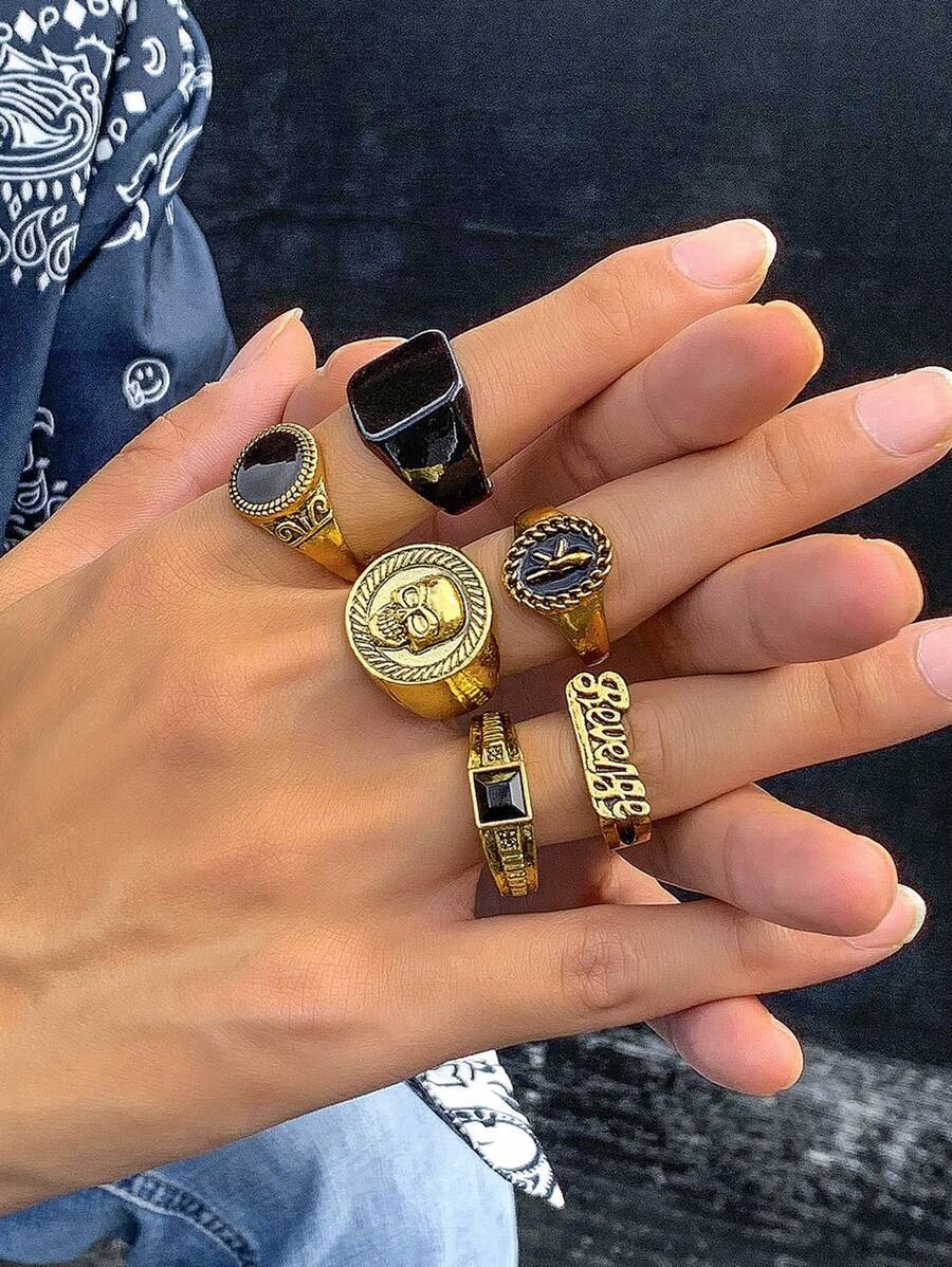 リング メンズ セット スカル&レター デザイン リング 男性用 セット6個拍卖