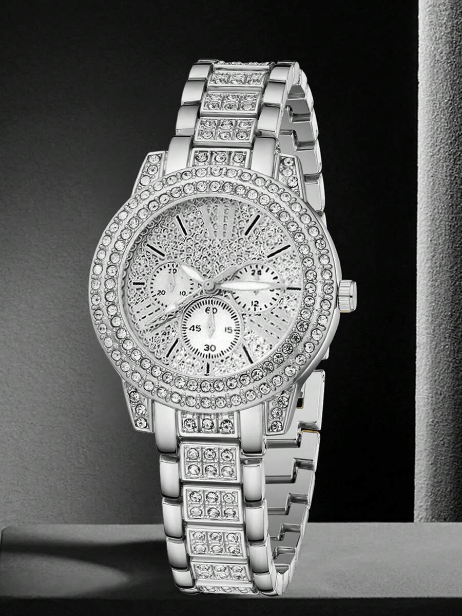 腕時計 レディース クォーツ 1個、レディース腕時計、シルバー腕時計、ファッショナブルで高級感のある3つのダイヤルのローマ数字スチ拍卖