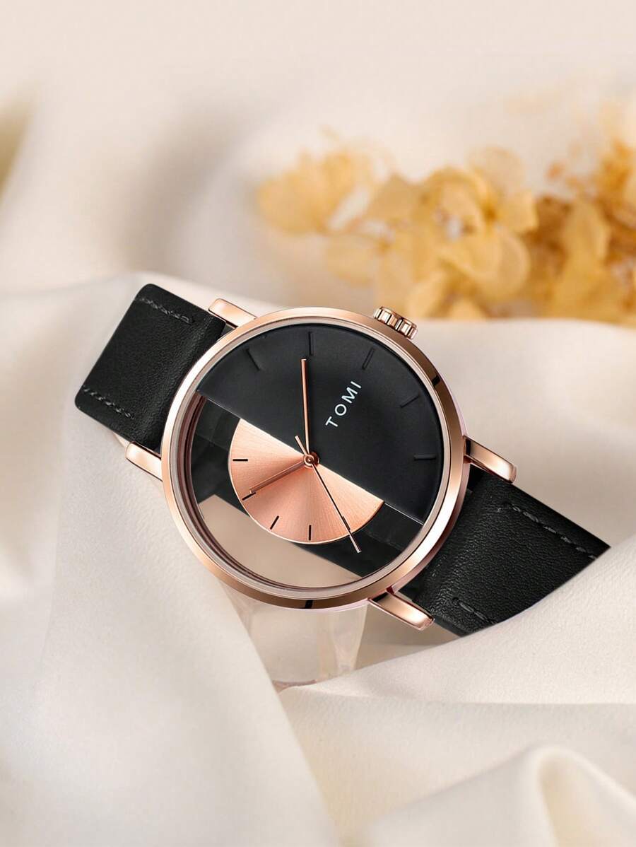 腕時計 メンズ クォーツ 1個 メンズミニマリストファッション 半顔見えるレザーベルト、日常着、休暇、学校再開、ハロウィーンギフ拍卖