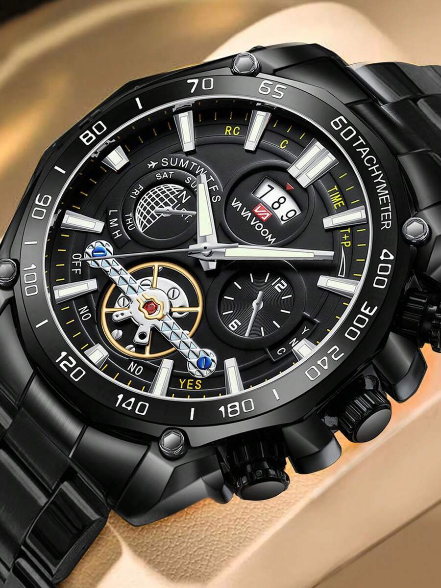 腕時計 メンズ クォーツ ステンレススチール製 メンズ腕時計 ブラック、豪華なトゥールビヨン装飾、クォーツムーブメント、カジュアル拍卖