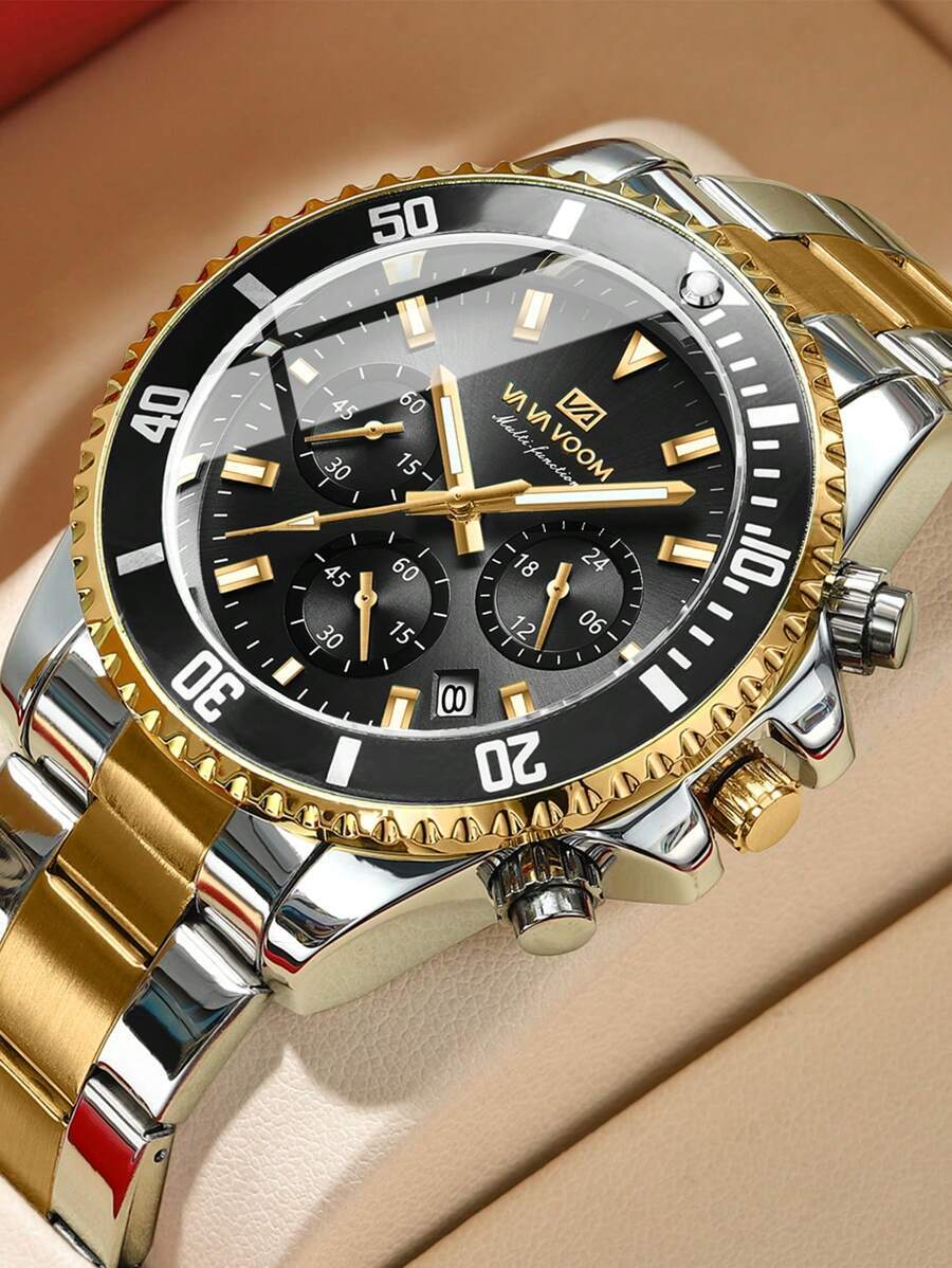 腕時計 メンズ クォーツ 多機能メンズ腕時計 ブラック×ゴールド グラデーション 高級カレンダー タイミング ファッション蛍光 ス拍卖