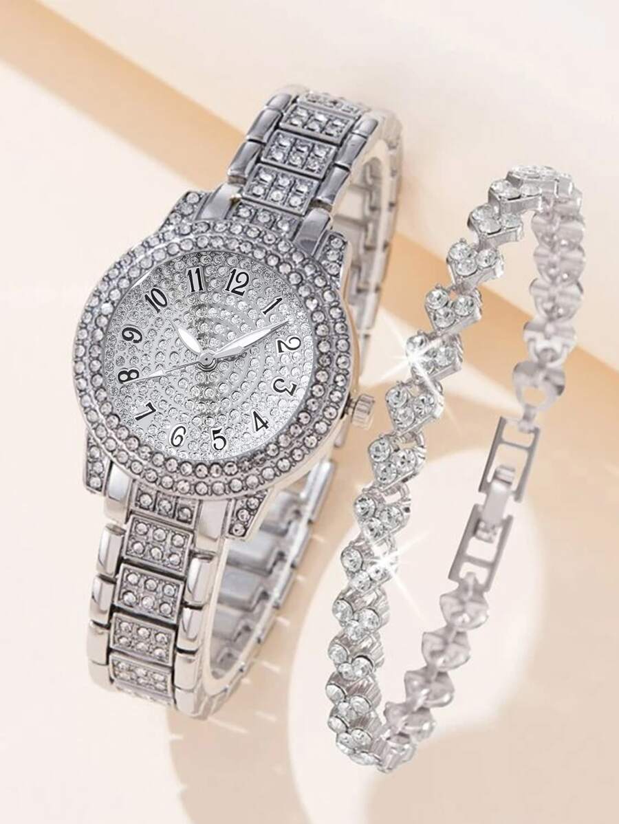 腕時計 レディース セット 2個 レディースファッションカジュアル ローマン数字ダイヤル フルダイヤモンド 英国風腕時計 ジュエリ拍卖