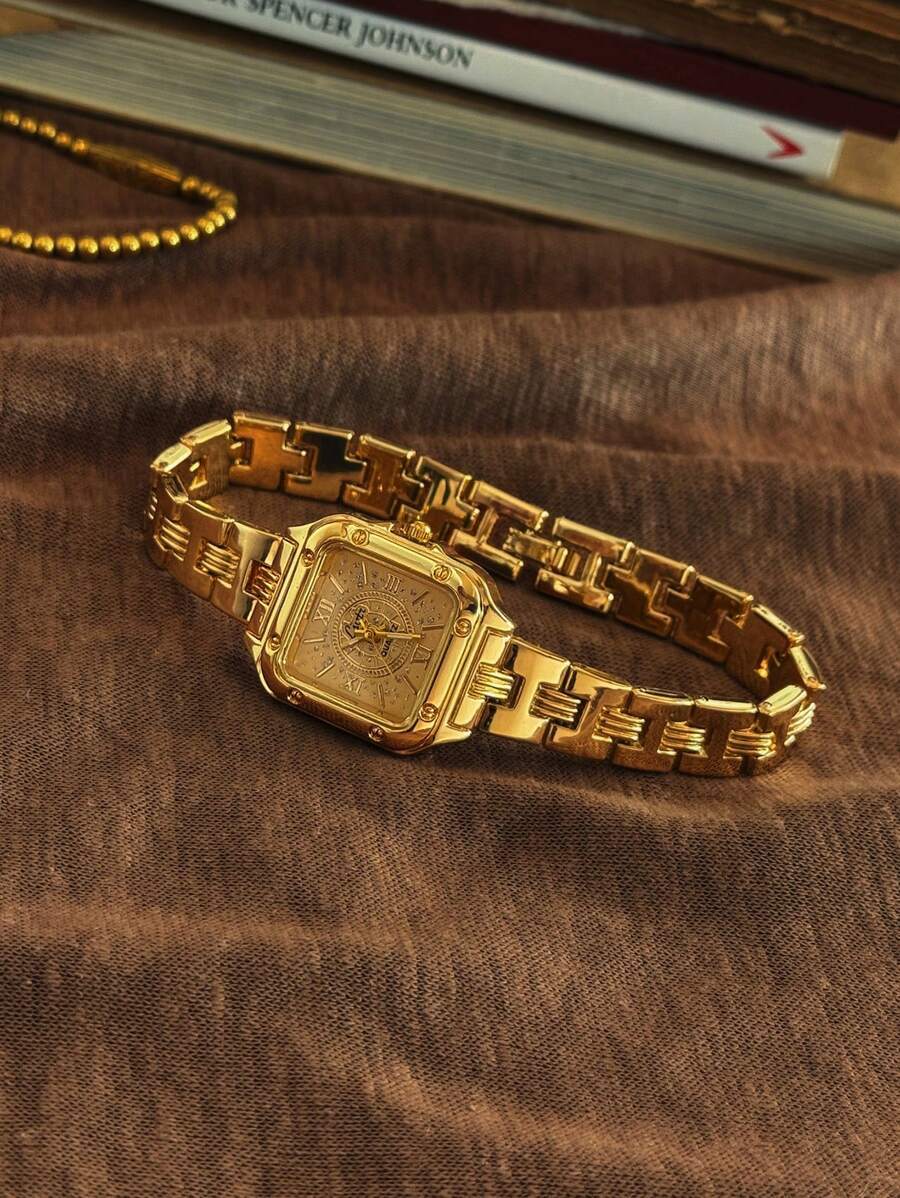 腕時計 レディース クォーツ 新作 レディース腕時計 ゴールド スクエアダイアル、エレガントでシンプルなカジュアルスタイル、ローマ拍卖