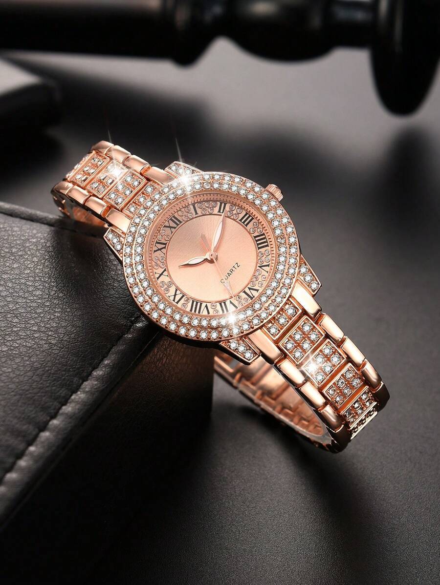 腕時計 レディース クォーツ 女性用腕時計 1個、ファッション性と高級感がありダイヤモンドが埋め込まれた合金ケースでシンプルなロー拍卖