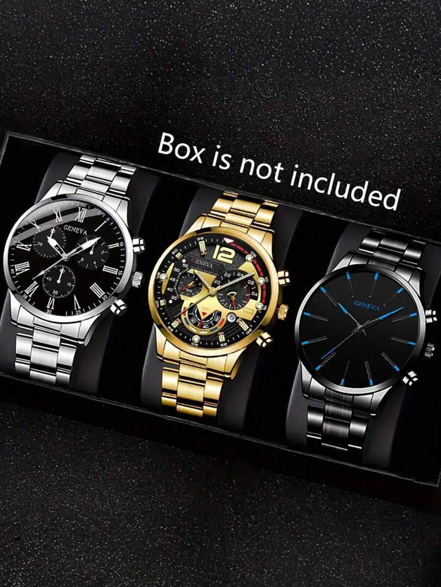 腕時計 メンズ セット 3点セット メンズファッション腕時計セット:ステンレススチールバンド、丸型ケース、ビジネス クオーツ腕時計拍卖