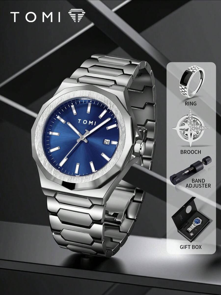 腕時計 メンズ セット バッテリー式 メンズウォッチセット カフスボタン リング付き、ミニマリストバー文字盤、亜鉛合金バンド、クォ拍卖