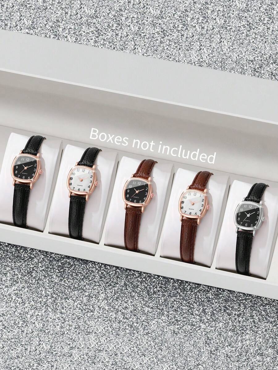 腕時計 レディース セット 女性用シンプル 角型ダイヤル 小型腕時計 & レザーベルトセット 5個入り クラシッククォーツ腕時計拍卖