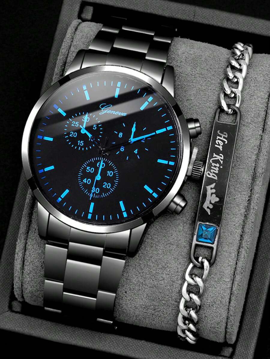 腕時計 メンズ セット ファッションビジネスマンラウンド型メンズブラックスチールバンド クォーツ腕時計 2個セット、チェーンジルコ拍卖