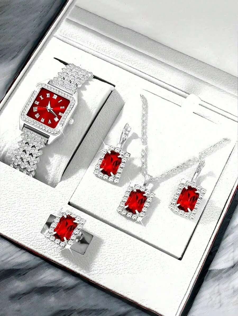 腕時計 レディース セット ウィメンズ 高級ファッション クォーツ腕時計5個セット+人気の四角ダイヤモンドジュエリーセット、デイリ拍卖