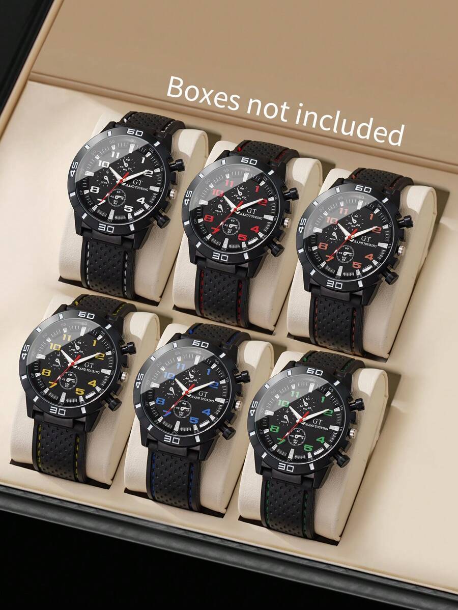 腕時計 メンズ セット シリコンストラップ付きスポーツメンズ腕時計 6個セット、クラシックファッション 3眼デジタルスケールダイヤ拍卖