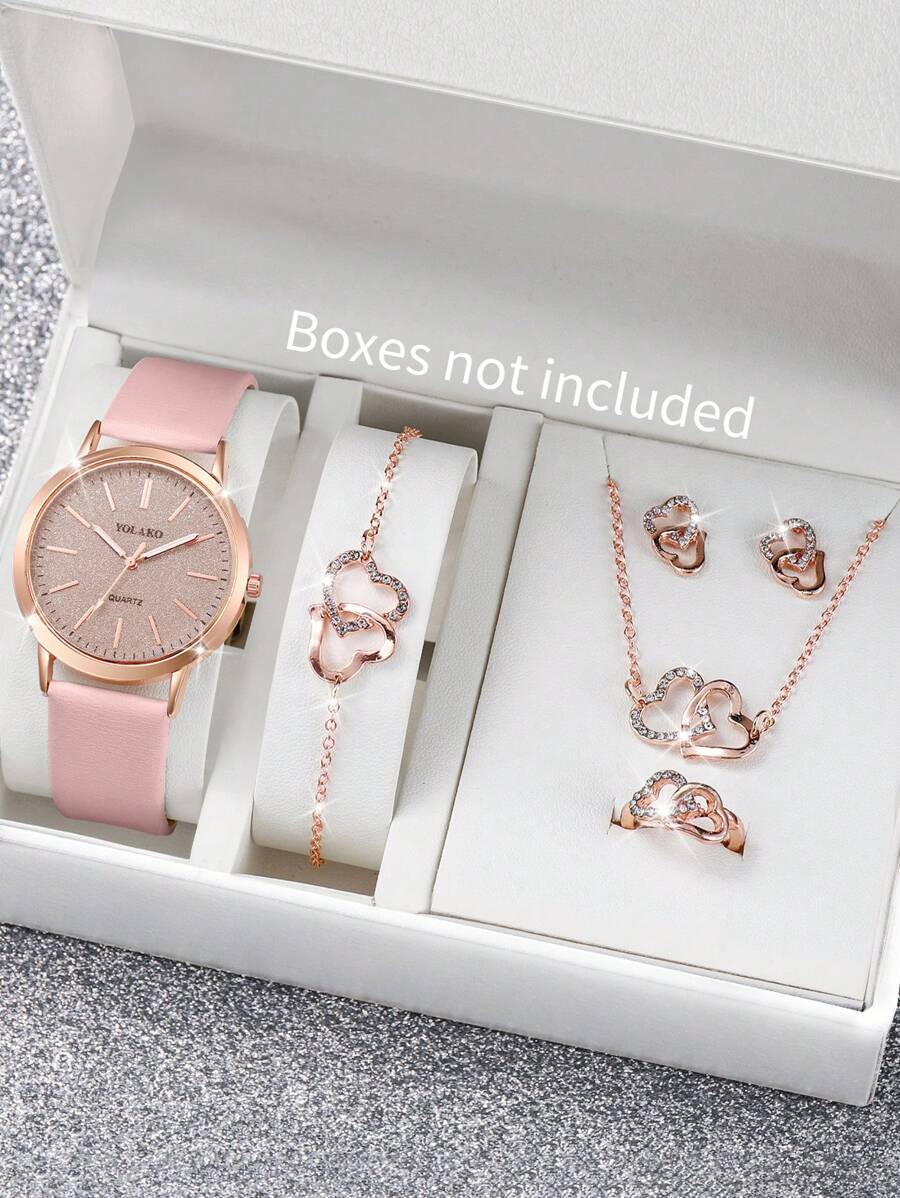 腕時計 レディース セット 6個セット レディースカジュアル マットダイヤル クォーツウォッチ & ハート型ジュエリー拍卖