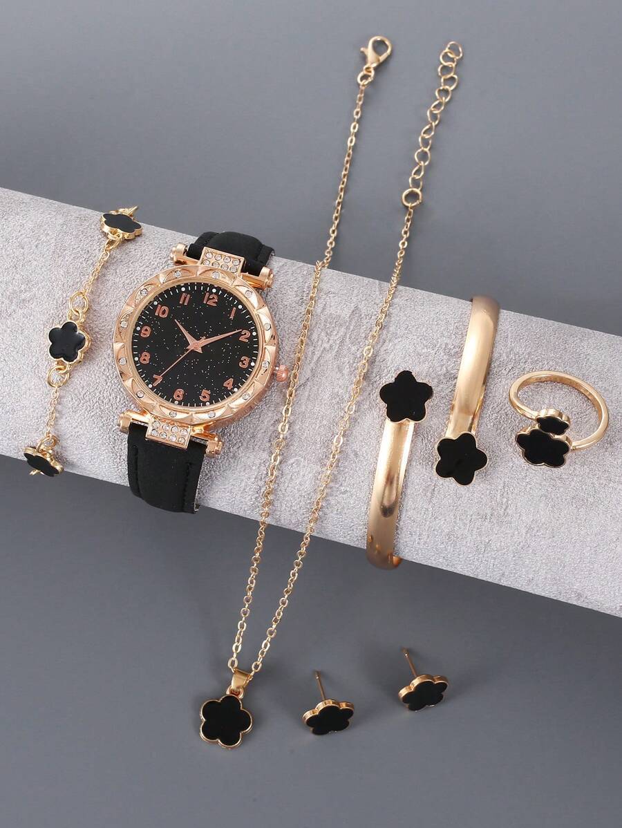 腕時計 レディース セット 7個セット ブラック星空数字クォーツ腕時計と6個セット ラッキーフラワーネックレス ブレスレット リン拍卖