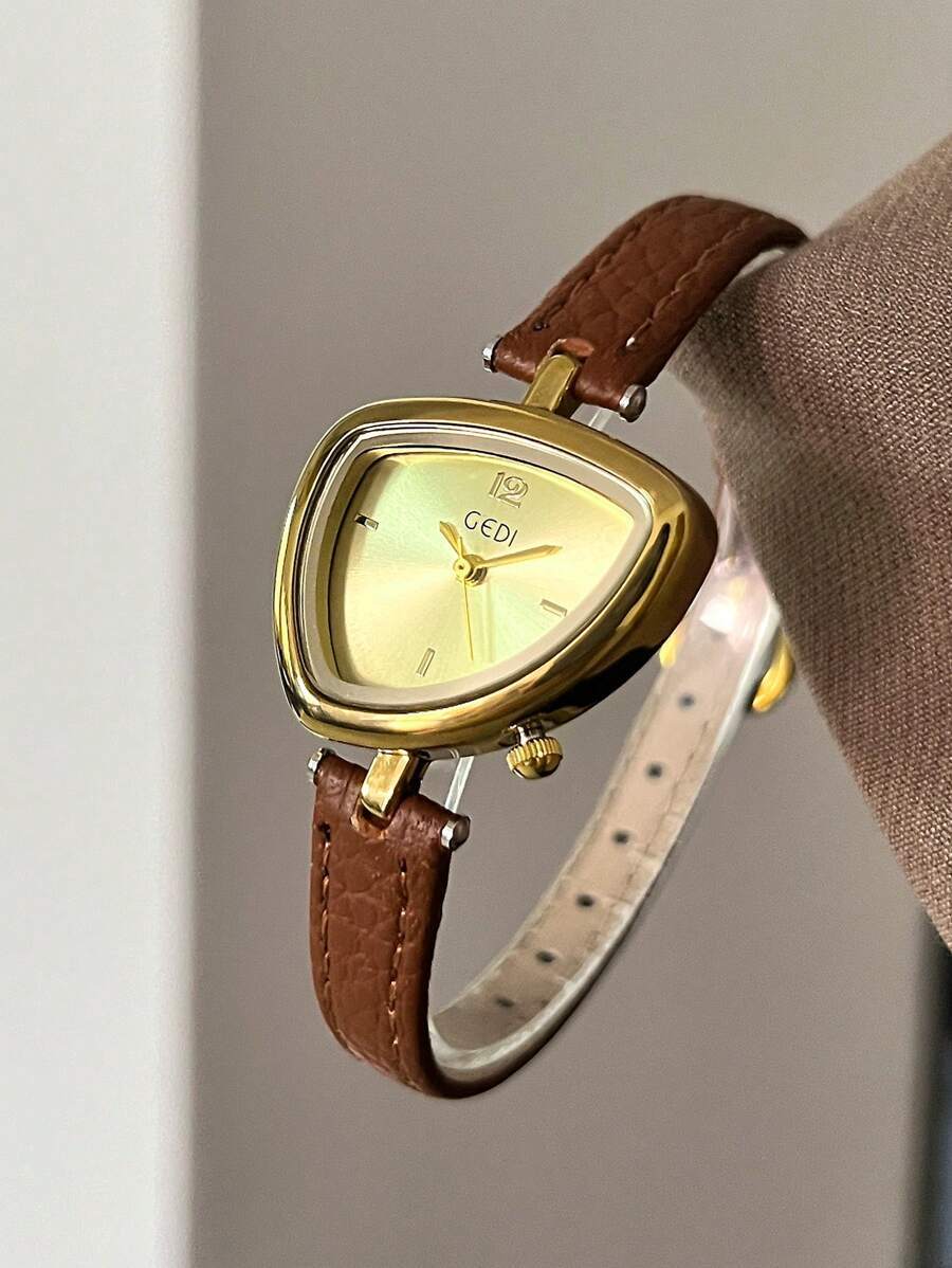 腕時計 レディース クォーツ 1個 女性用新作ゴールドレザーストラップ、洗練された多角形ダイヤル、ファッショナブルなゴールドの針、拍卖