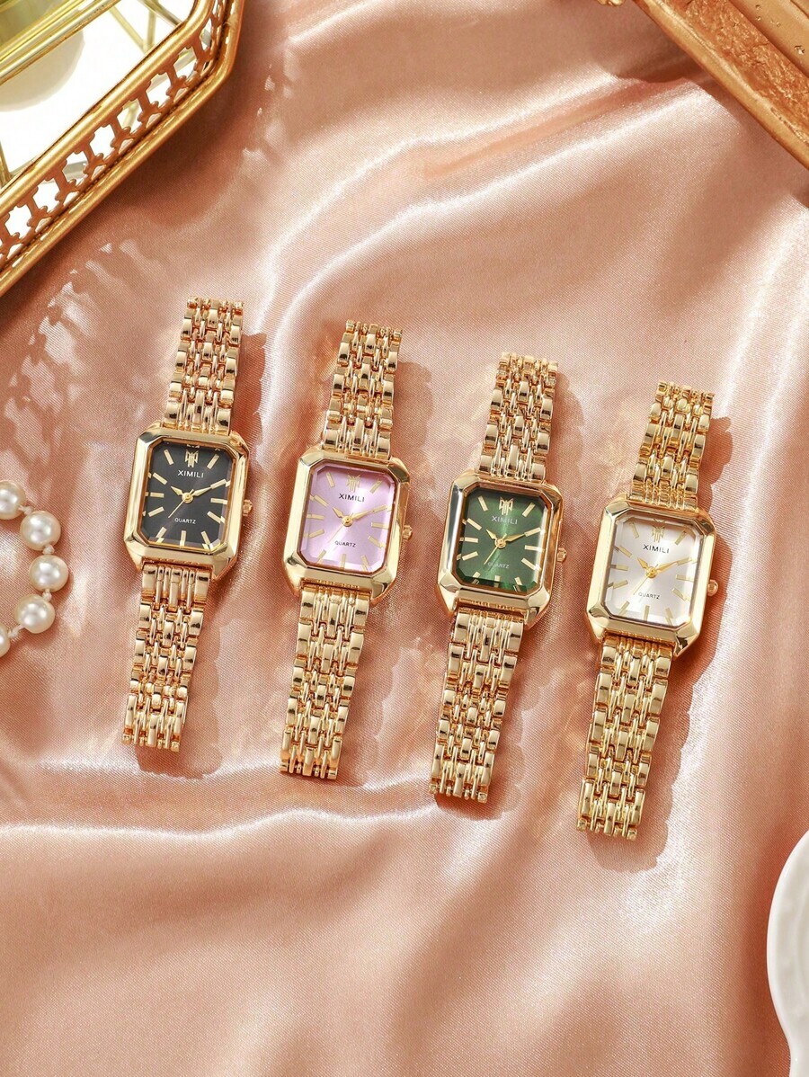 腕時計 レディース セット 4個組 レディース ファッション カジュアル クォーツ腕時計セット、スクエア ローマ数字ダイヤル、スチ拍卖