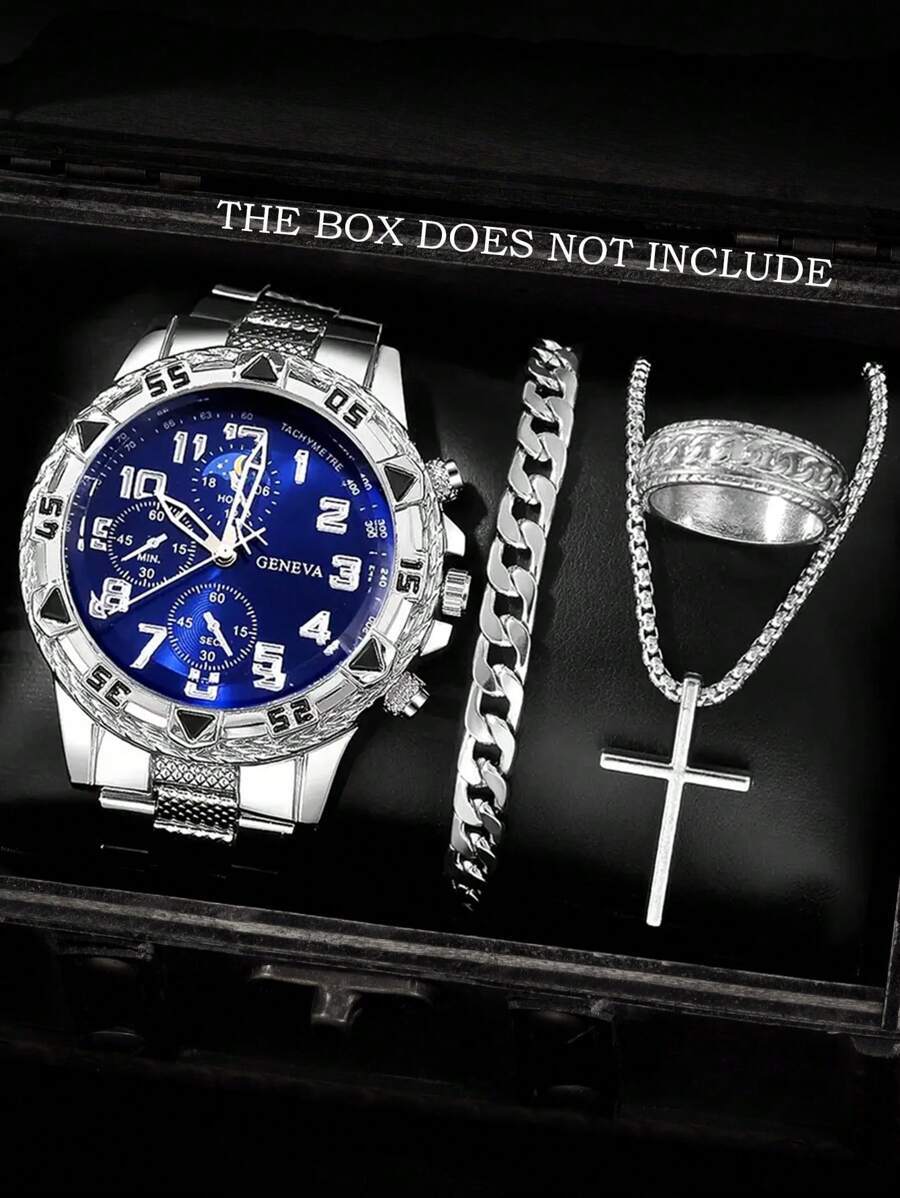 腕時計 メンズ セット ファッションビジネスレジャー メンズ腕時計 4点セット、大型ダイヤル ラウンド スチールバンド クォーツ腕拍卖