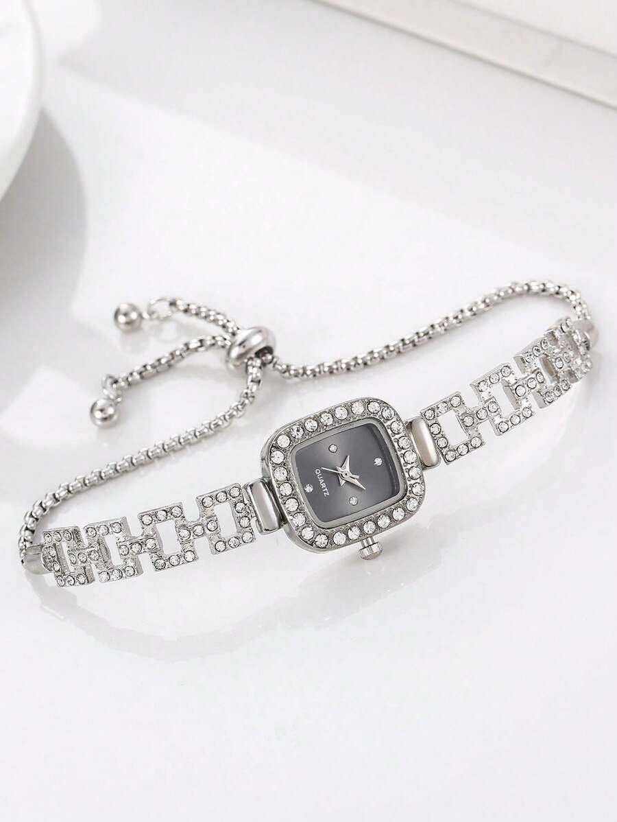 腕時計 レディース クォーツ 1個レディースビジネス優雅ゴールド四角ケースラインストーンダイヤル長方形ダイヤモンドインレイ調整可能拍卖