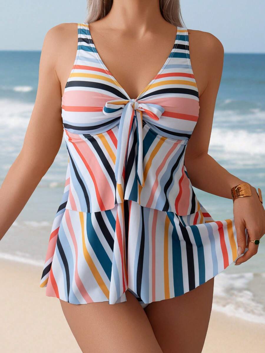 レディース 水着 ビキニセット 夏用 女性 プリントランダムアート ストライプ リボンフロント プリーツデザイン キャミソールビキ拍卖