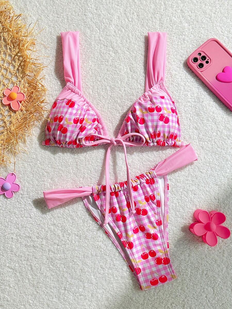 レディース 水着 ビキニセット テクスチャー生地 プリント バックレス ビキニ 2ピース水着、パーティー、休暇、ビーチにカジュアル拍卖