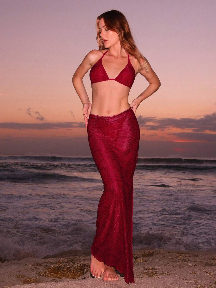 レディース 水着 ビキニセット レディース夏ビーチ用 花柄ダークプリント ホルターネック セクシービキニ2点セット、付け襟スカート拍卖