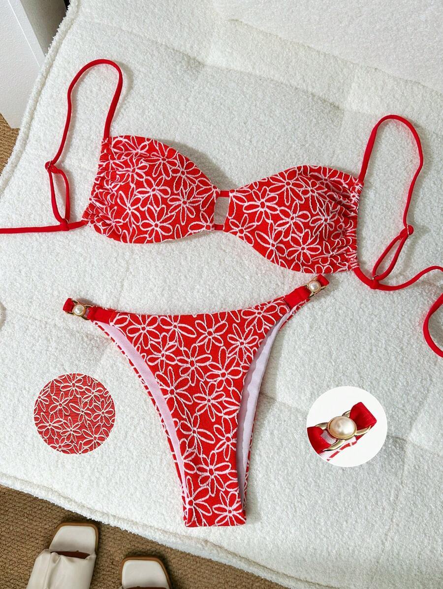 レディース 水着 ビキニセット 女性用レッド テクスチャー伸縮性抜群セクシー水着セット、バカンス ビーチ 夏拍卖